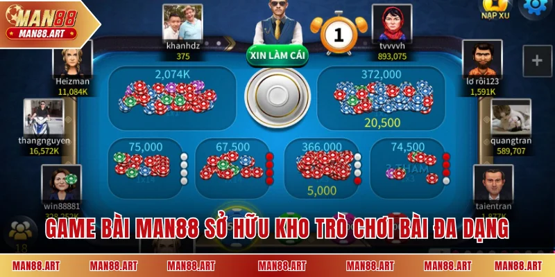 Game bài MAN88 sở hữu kho trò chơi bài đa dạng